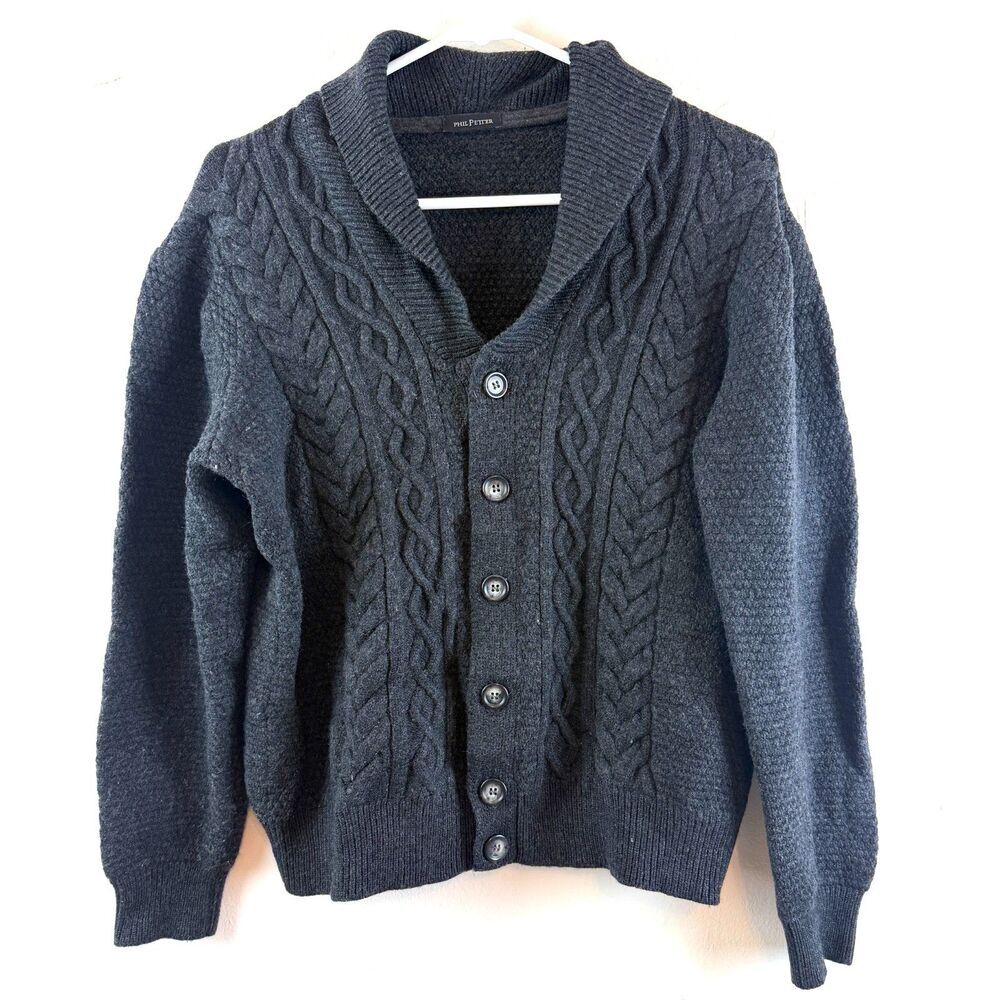 PHIL PETTER Cardigan Sweater Cableknit Fisherman Gray Merino Wool Men Size L